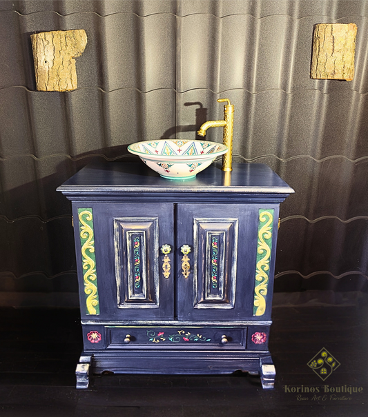 Set premium pentru baie – mască de lavoar unicat, recondiționată manual, cu lavoar pictat și baterie în stil oriental