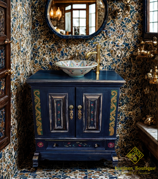 Set premium pentru baie – mască de lavoar unicat, recondiționată manual, cu lavoar pictat și baterie în stil oriental