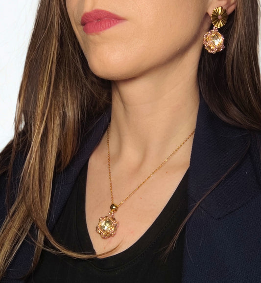 Set cercei + colier „Golden Sun Halo” – piesa handmade, unicat