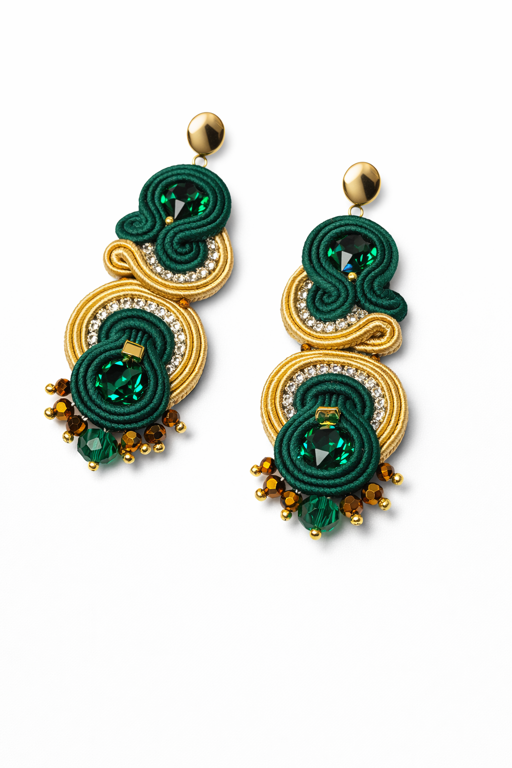 Cercei soutache verde smarald și auriu „Forest Chic” – Bijuterii handmade elegante