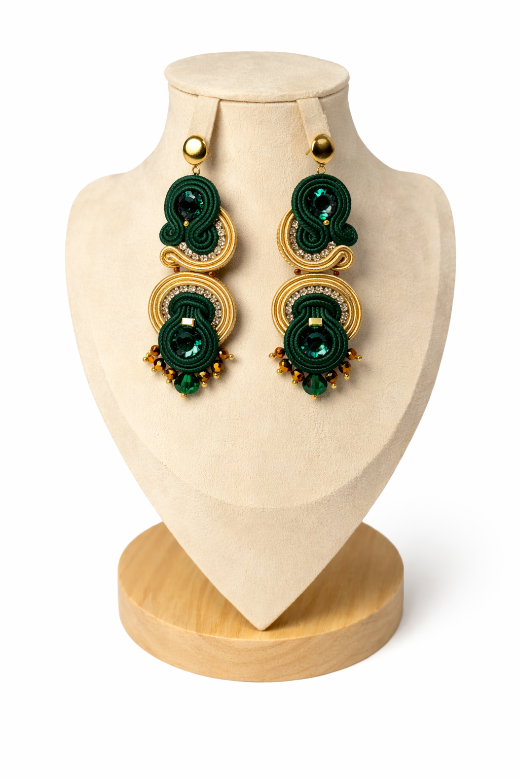 Cercei soutache verde smarald și auriu „Forest Chic” – Bijuterii handmade elegante